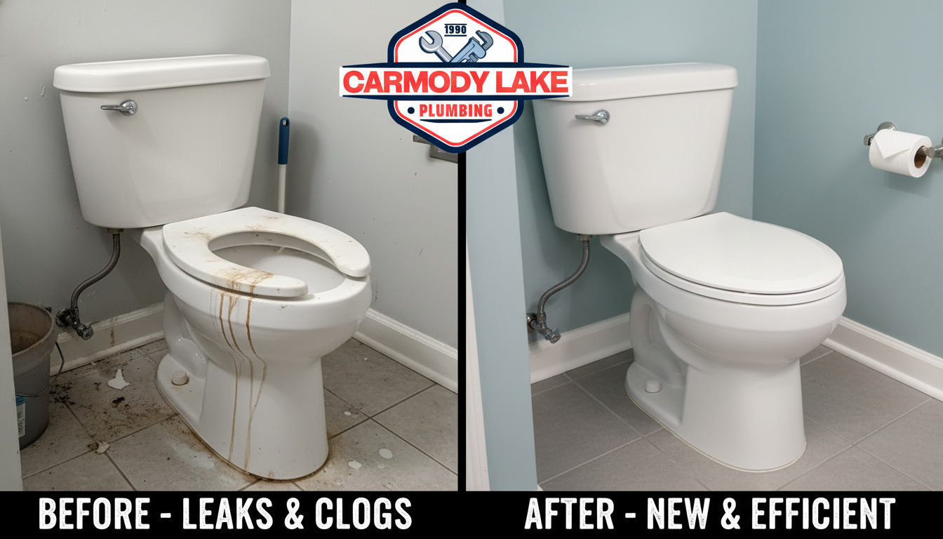 Before and After Toilet Repair and Replacement by Carmody Lake Plumbing in Lakewood CO - Old leaking toilet replaced with modern efficient fixture